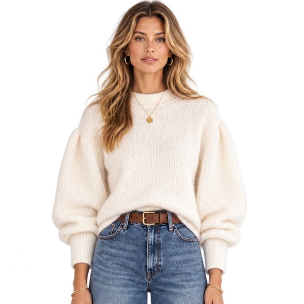 525 America Ivory Chalk Fass Boucle Puff Sleeve Sweater L NWT Softgirl QuietLux
